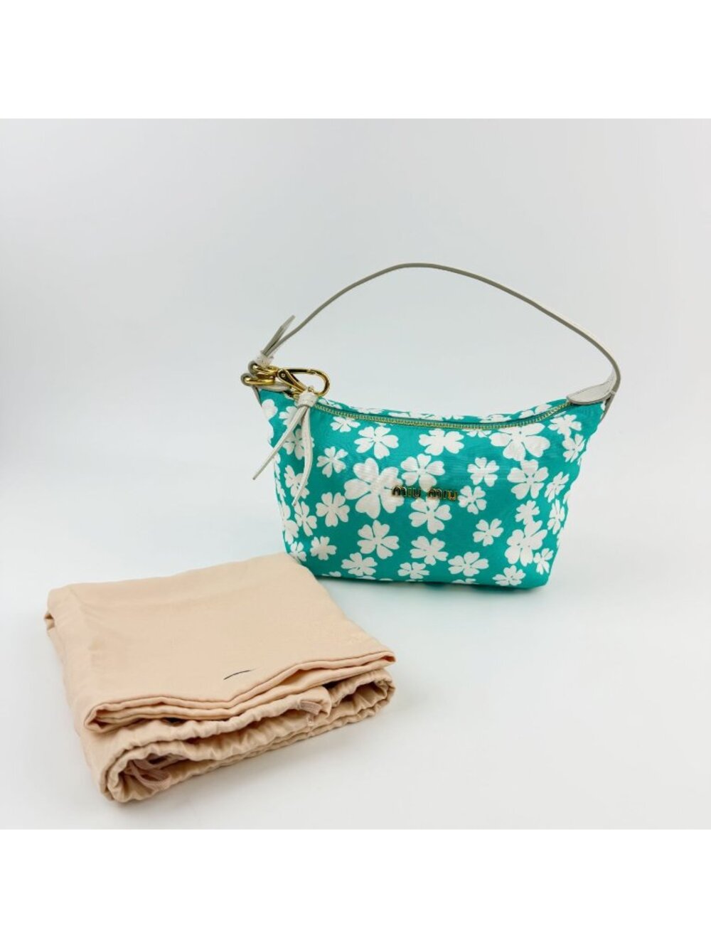 Miu Miu Spirit Floral Re-Nylon Handbag Pouch Nylon Leather Green White Gold